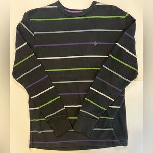 Volcom Y2K Black Long Sleeve with Green, Purple, and Gray Stripes